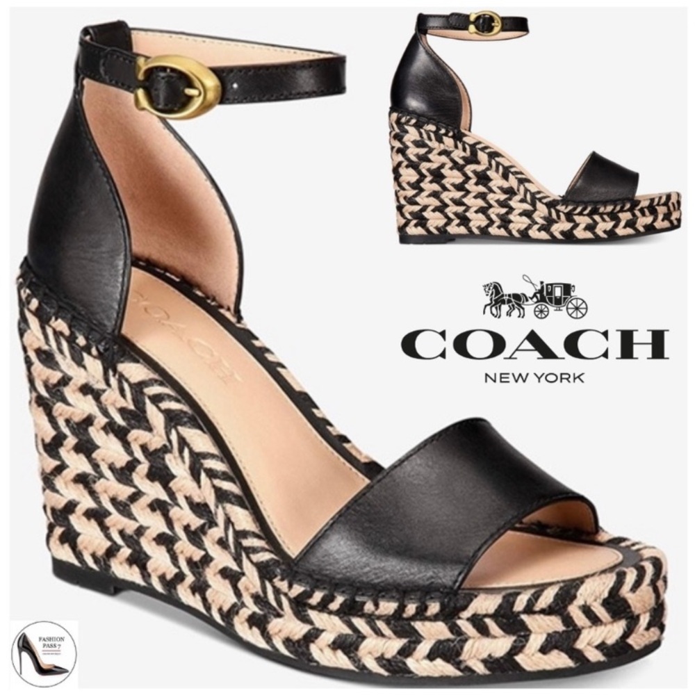 NWOT Coach Kit Black Leather Casual Wedge Espadrille Peep Toe Platform Sandals 6